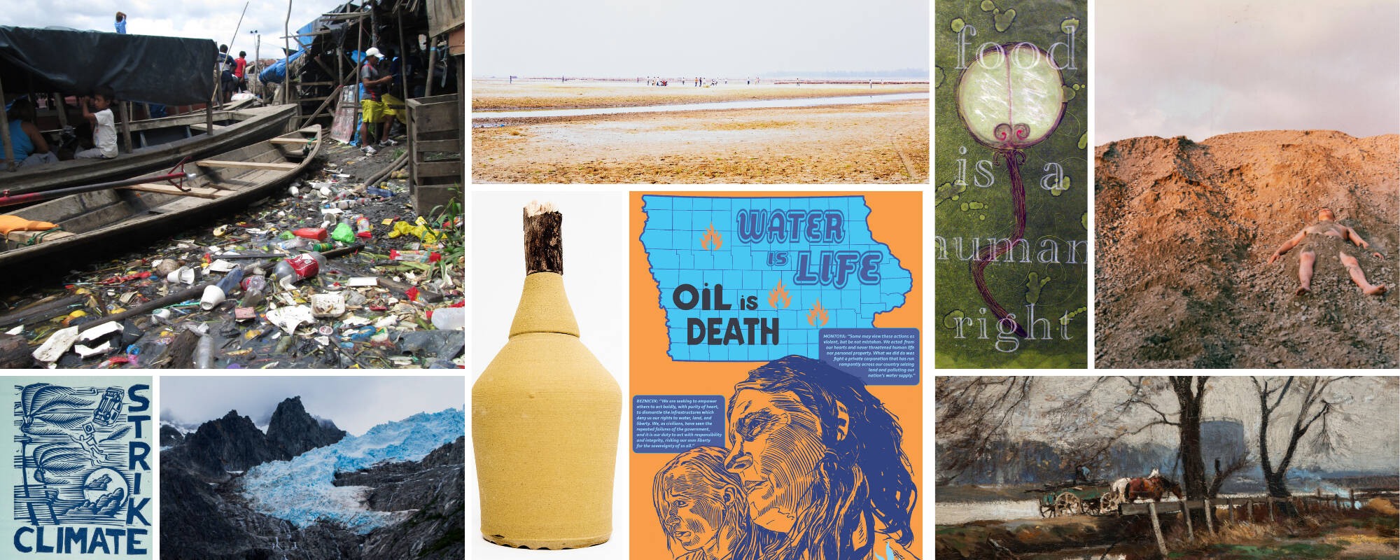 Collage of nine images from the GVSU Art Museum Collection relating to the theme of Earth Sciences.